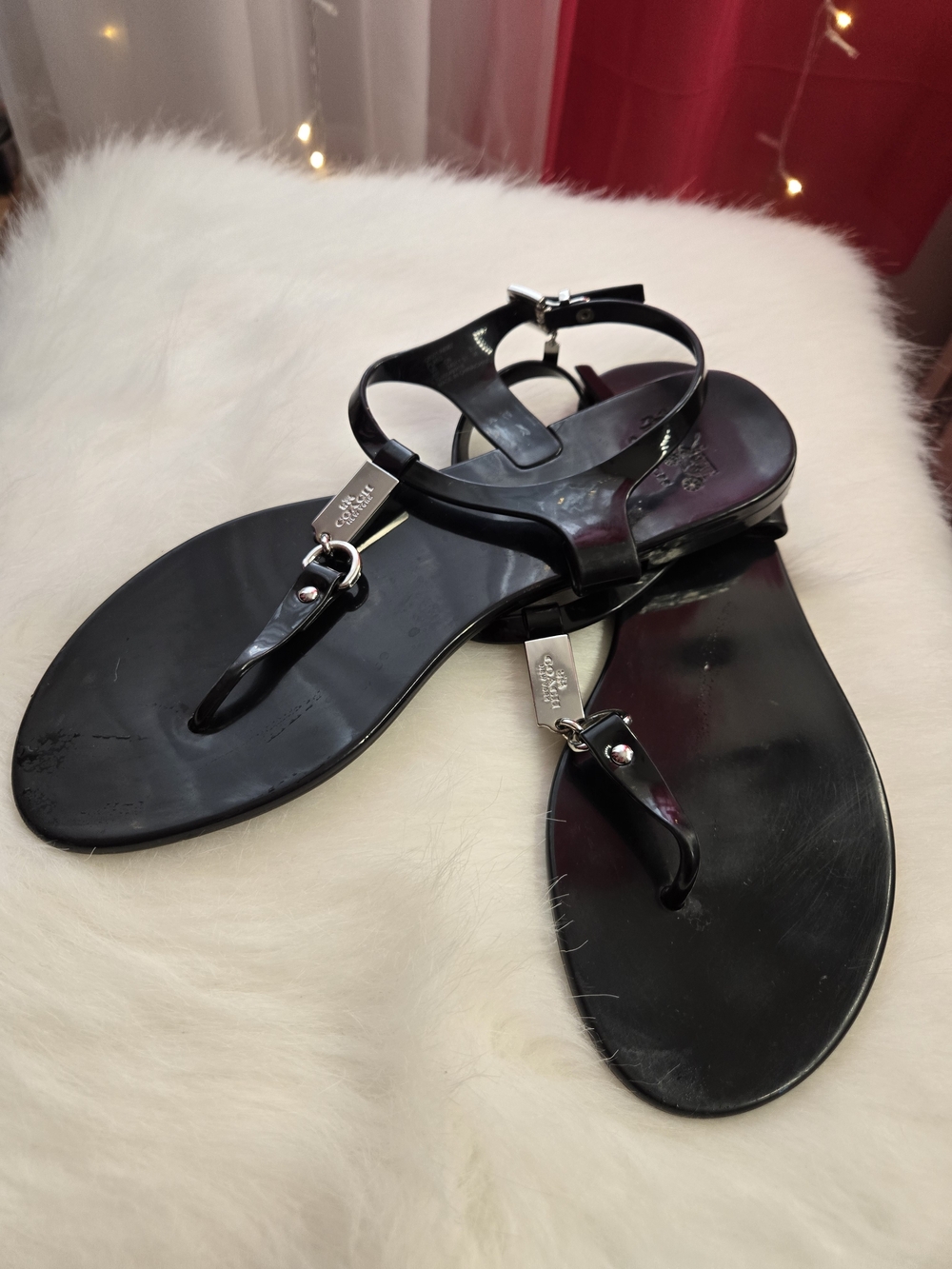 Coach Black Patent T-Strap Sandals with Silver Accents